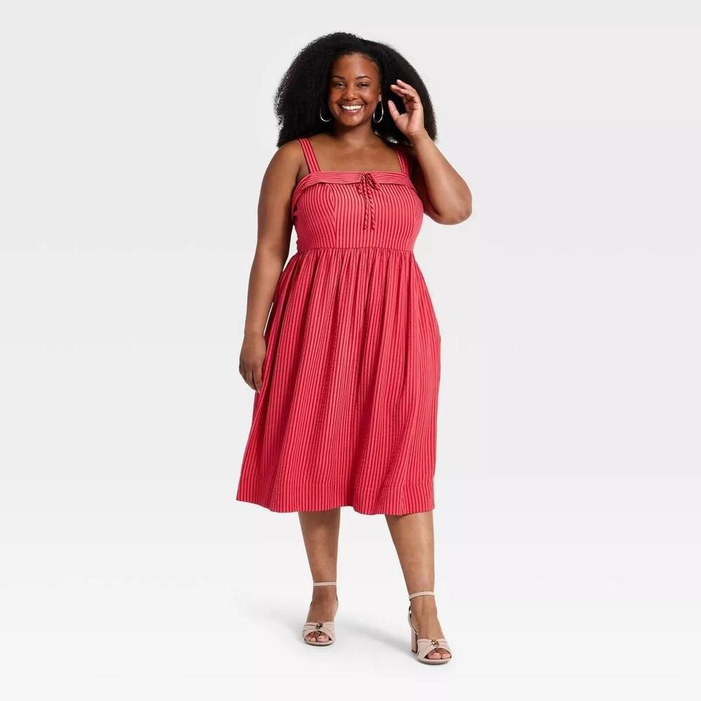 Ava-viv Women's Red Hem Tie Front Midi A-Line Dress Plus Size